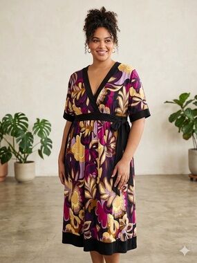 Roulette Retro Mod Print Empire Waist Dress Size Large